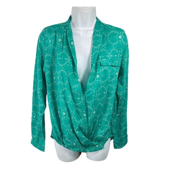 Lovers + Friends Sz XS Get Down Teal Green V Neck Faux Wrap Blouse Long Sleeve - Picture 1 of 11
